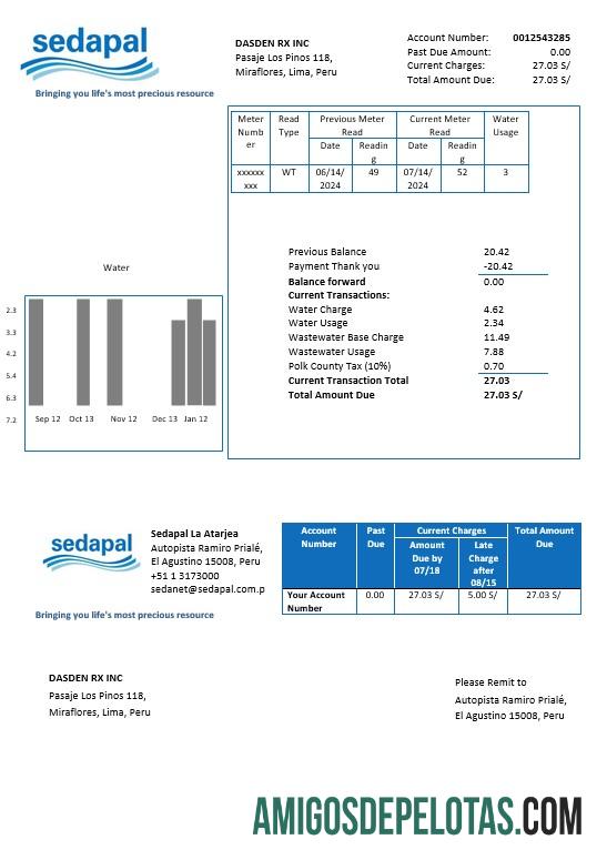 realista Modelo de conta de serviços públicos de água Peru Sedapal La Atarjea em formatos Word e PDF